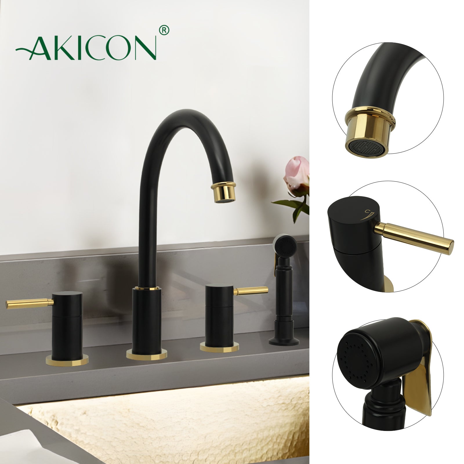 Two-Handles Matte Black & Gold Widespread Kitchen Faucet with Side Sprayer - AK96866-BLZG