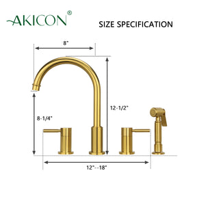 Two-Handles Brushed Gold Widespread Kitchen Faucet with Side Sprayer - AK96866BTG
