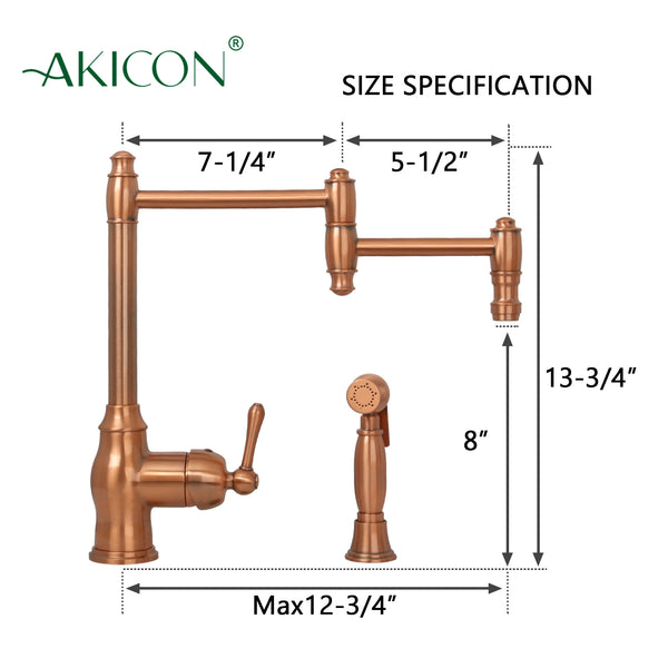 One-Handle Copper Pot Filler Kitchen Faucet with Side Sprayer - AK96918P2