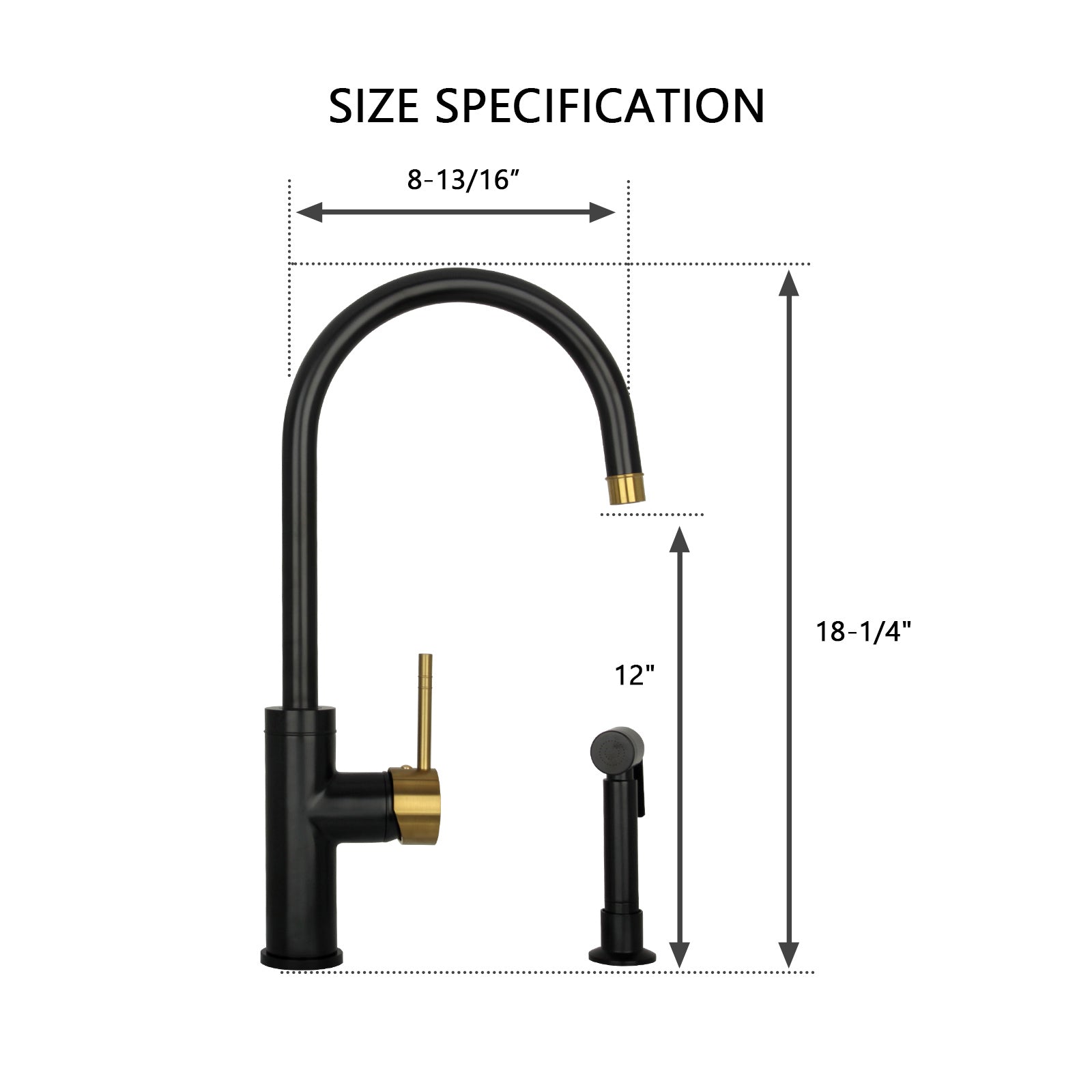 One-Handle Matte Black & Brushed Gold Widespread Kitchen Faucet with Side Sprayer-AK96966-BLBG