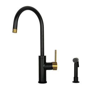 One-Handle Matte Black & Brushed Gold Widespread Kitchen Faucet with Side Sprayer-AK96966-BLBG