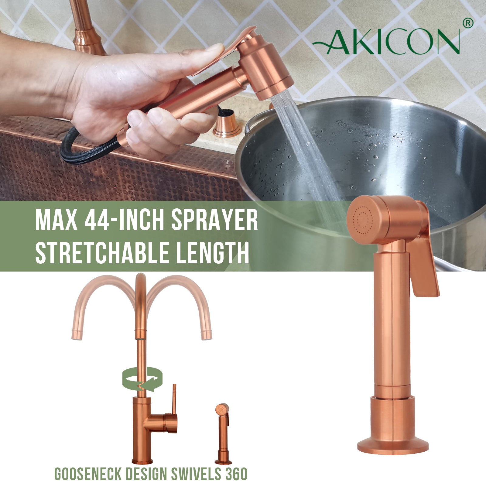 One-Handle Copper Widespread Kitchen Faucet with Side Sprayer-AK96966C