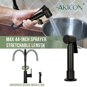 One-Handle Matte Black Widespread Kitchen Faucet with Side Sprayer-AK96966-MB