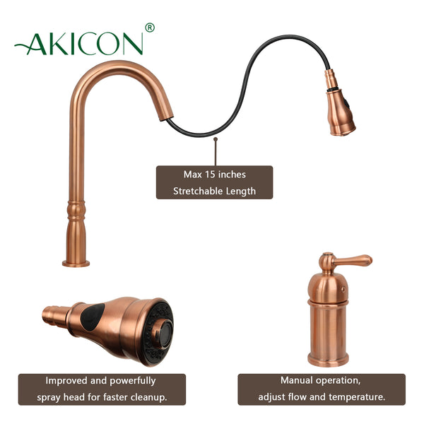 Copper Kitchen Faucet with in-Deck Handle and Soap Dispenser, Single Handle Solid Brass High Arc Pull Down Sprayer Head Kitchen Sink Faucet
