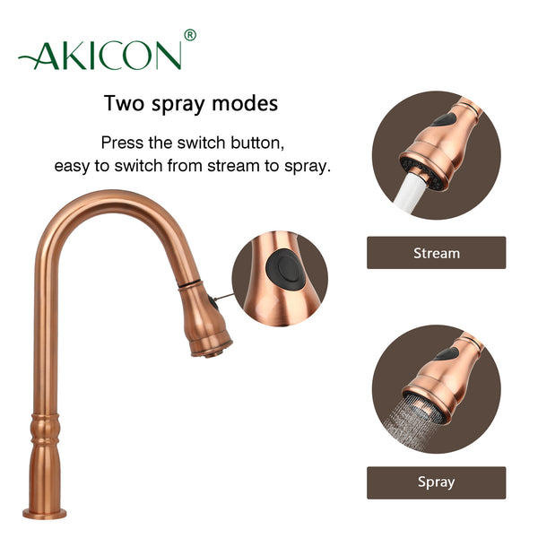 Copper Kitchen Faucet with in-Deck Handle and Soap Dispenser, Single Handle Solid Brass High Arc Pull Down Sprayer Head Kitchen Sink Faucet