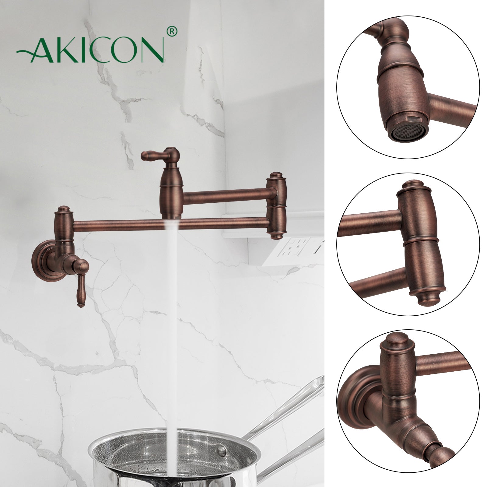 Copper Pot Filler Kitchen Faucet, Solid Brass Wall-Mounted Faucet - Antique Bronze