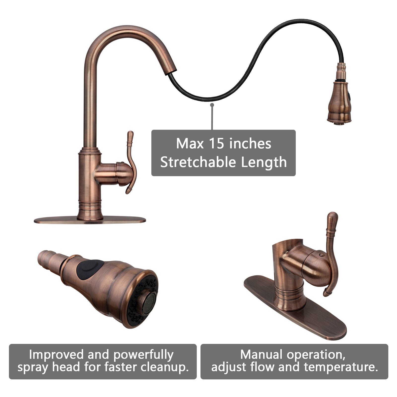 Copper Pull Out Kitchen Faucet, Single Level Solid Brass Kitchen Sink Faucets with Pull Down Sprayer - AK96415-D-AC
