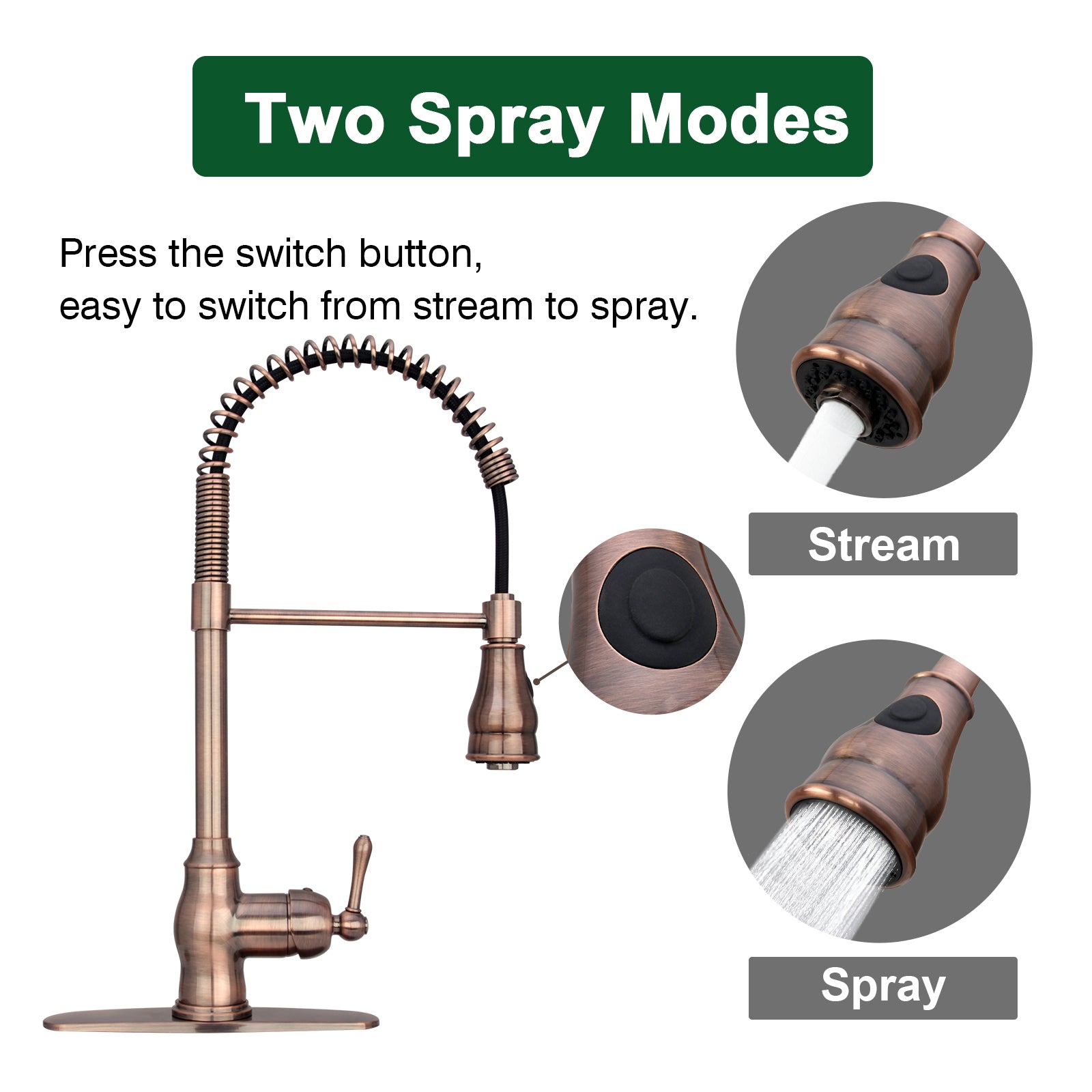 Copper Pre-Rinse Spring Kitchen Faucet, Single Level Solid Brass Kitchen Sink Faucets with Pull Down Sprayer - AK96518-D-AC