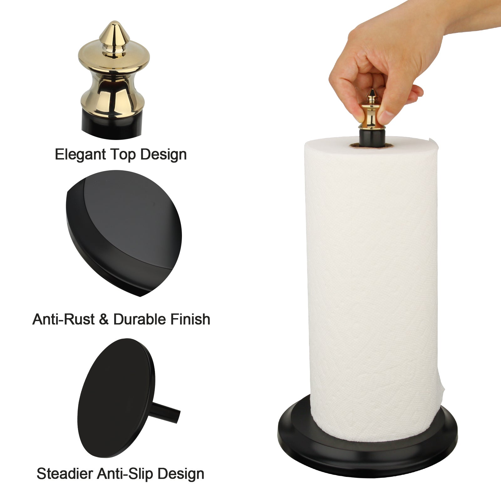 Black and Gold Paper Towel Holder Roll Dispenser Stand for Kitchen Cou