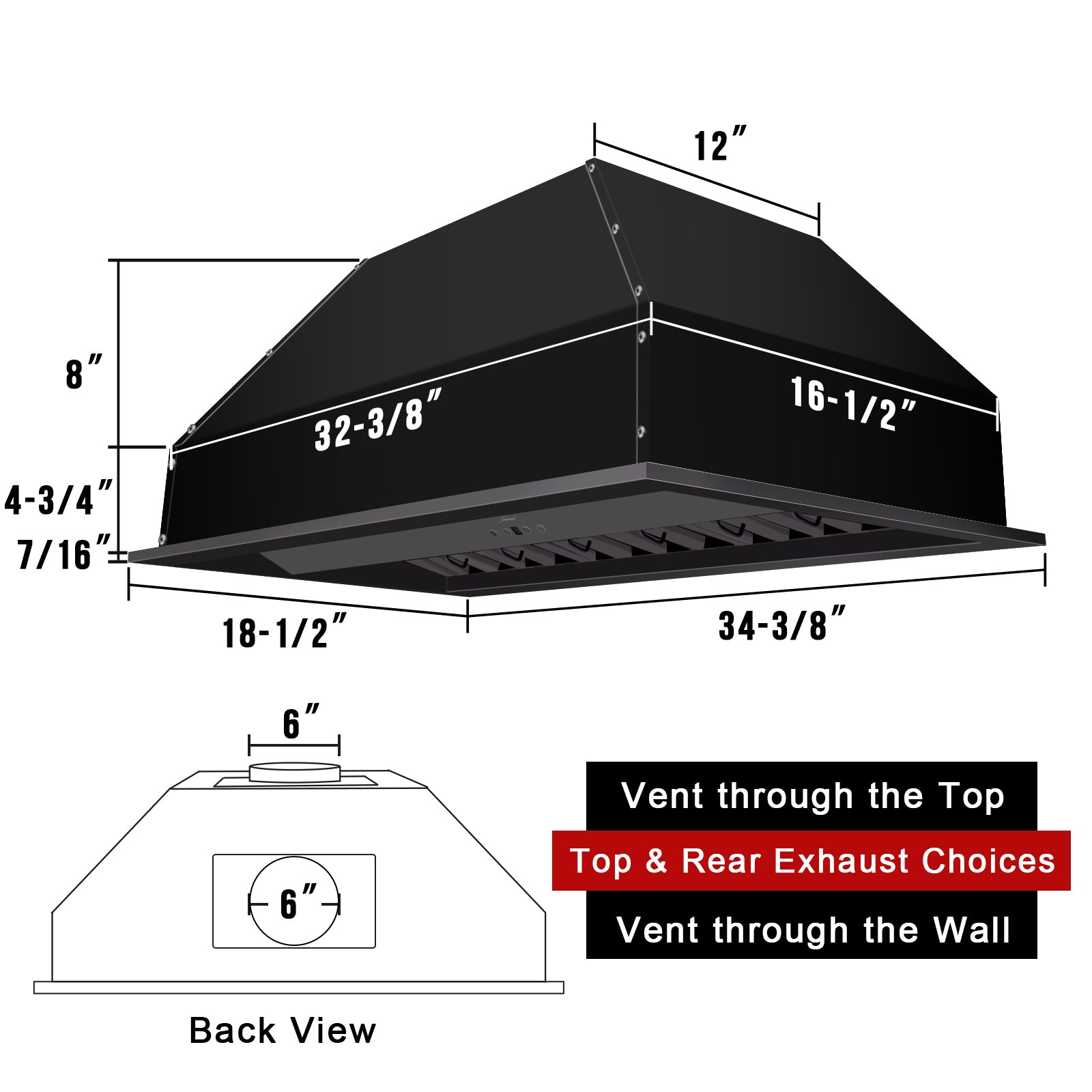 36" Range Hood Insert, Stainless Steel Kitchen Vent Hood with Dimmable LED Lights, 600CFM - NX-E90-36-MB